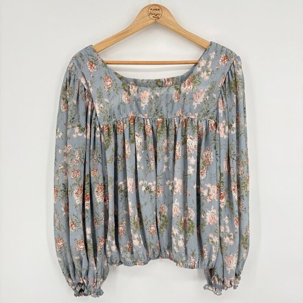Altar'd State Blue Floral Long Balloon Sleeve Top, Sz Small, Boho Shabby Chic